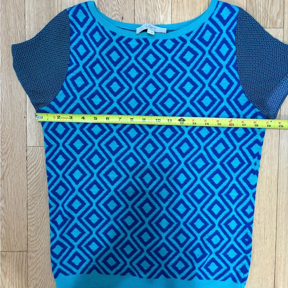 Loft Teal Geometric Mod Knit Short Sleeve Sweater Size M